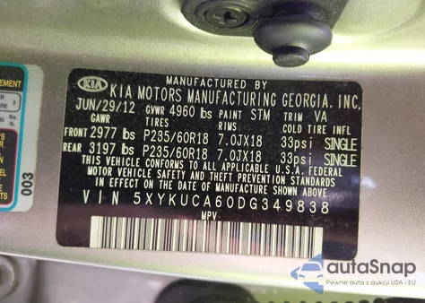 2013 Kia Sorento Ex из США, поврежденный, VIN 5XYKUCA60DG349838